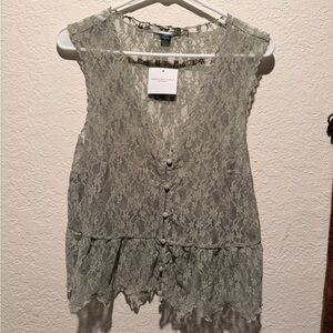 American Eagle Outfitters Lace Button-Down Blouse - Light Green